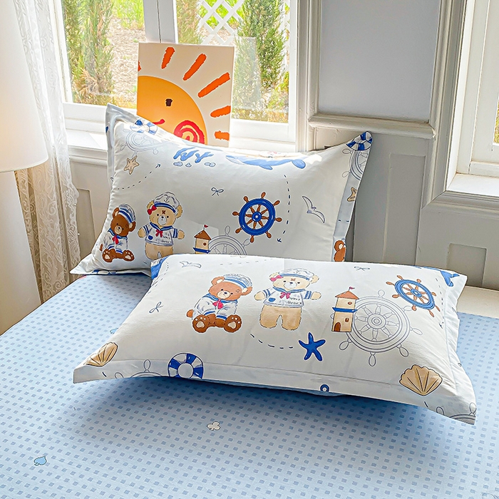 91家纺网 家纺一手货源 找家纺 禧安居 2025新款高支高密活性印染全棉枕套单枕套 航海小熊