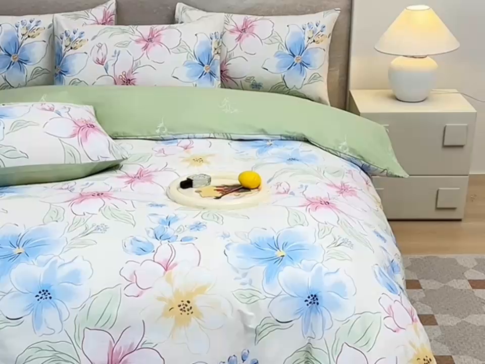 91家纺网 家纺一手货源 找家纺 宇彬家纺 2026直播新款13070全棉纯棉印花床单床笠款四件套和单被套喷气清新简约（缩水足可定做） 青棠涧