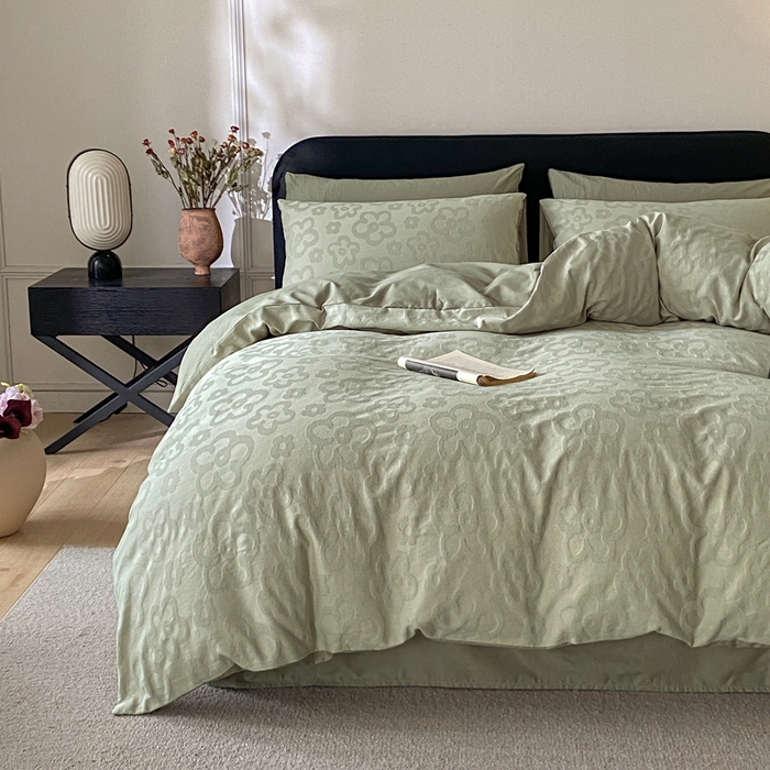 91家纺网 家纺一手货源 找家纺 宜代光年 2025新款厚织全棉大提花小清新系列四件套 朵朵-浅绿