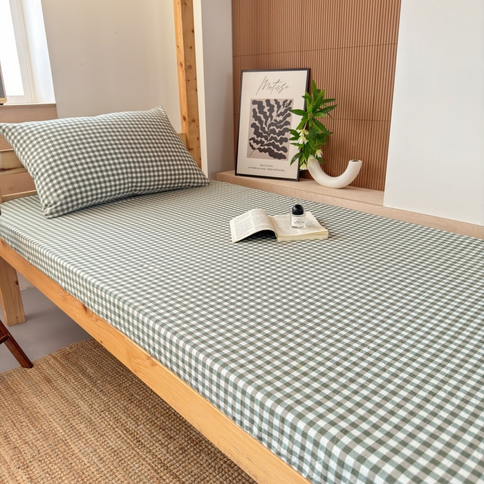 91家纺网 家纺一手货源 找家纺 北欧良品2025新款色织水洗棉学生单品床笠 纯棉-草绿小格