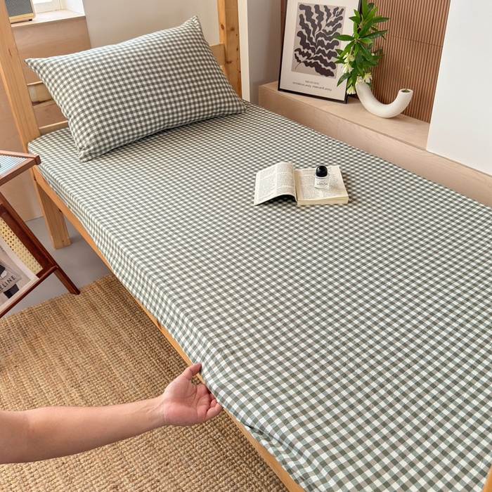 91家纺网 家纺一手货源 找家纺 北欧良品2025新款色织水洗棉学生单品床笠 纯棉-草绿小格