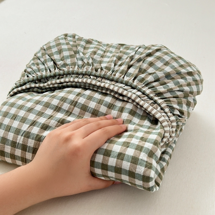 91家纺网 家纺一手货源 找家纺 北欧良品2025新款色织水洗棉学生单品床笠 纯棉-草绿小格