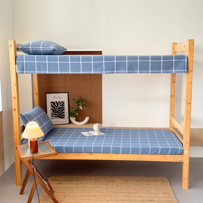 91家纺网 家纺一手货源 找家纺 北欧良品2025新款色织水洗棉学生单品床笠 纯棉-海蓝大格