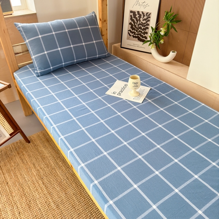 91家纺网 家纺一手货源 找家纺 北欧良品2025新款色织水洗棉学生单品床笠 纯棉-海蓝大格