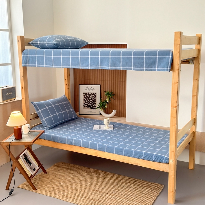 91家纺网 家纺一手货源 找家纺 北欧良品2025新款色织水洗棉学生单品床笠 纯棉-海蓝大格