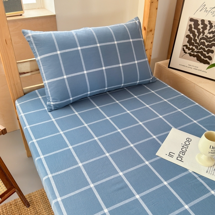 91家纺网 家纺一手货源 找家纺 北欧良品2025新款色织水洗棉学生单品床笠 纯棉-海蓝大格