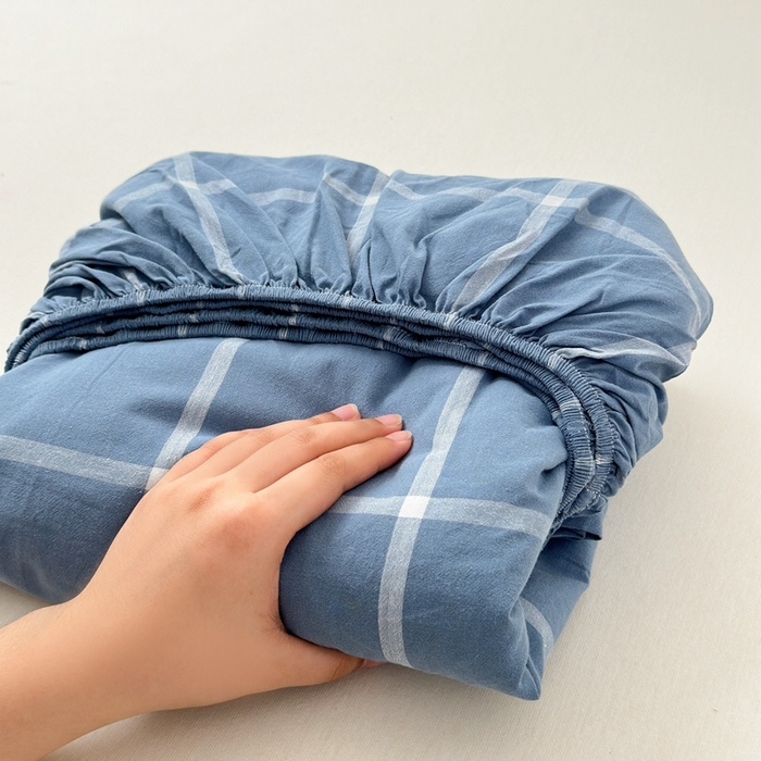 91家纺网 家纺一手货源 找家纺 北欧良品2025新款色织水洗棉学生单品床笠 纯棉-海蓝大格