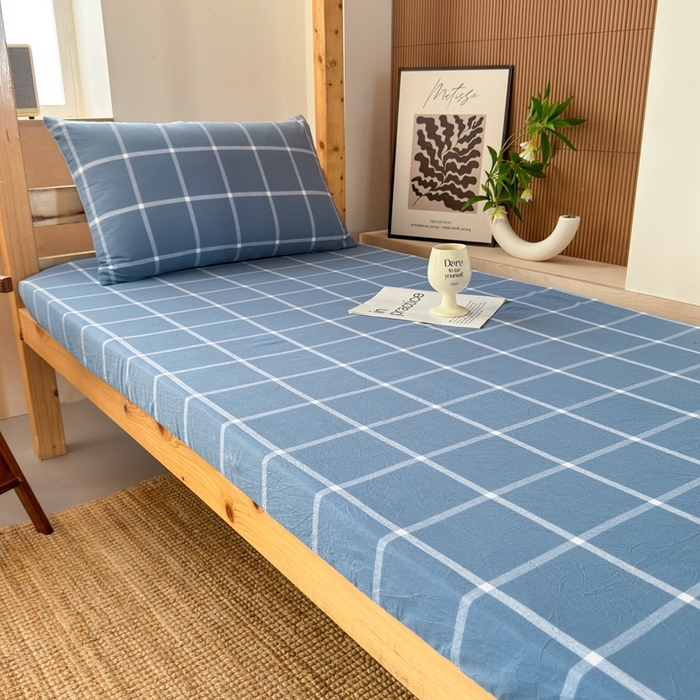 91家纺网 家纺一手货源 找家纺 北欧良品2025新款色织水洗棉学生单品床笠 纯棉-海蓝大格