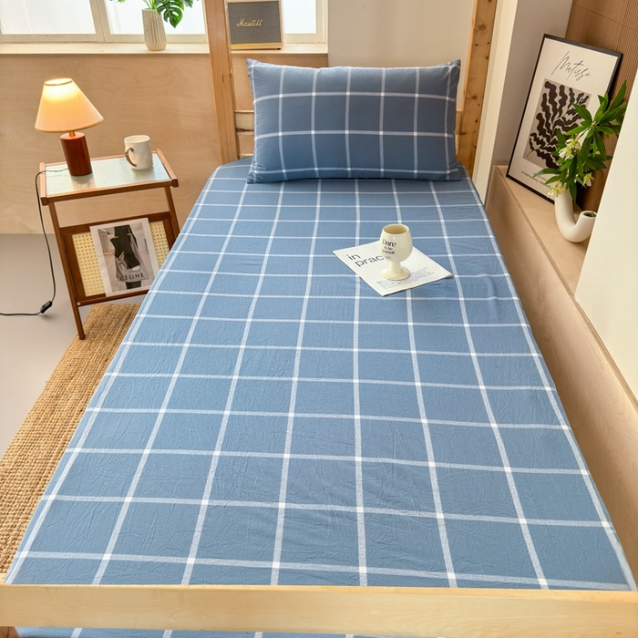 91家纺网 家纺一手货源 找家纺 北欧良品2025新款色织水洗棉学生单品床笠 纯棉-海蓝大格
