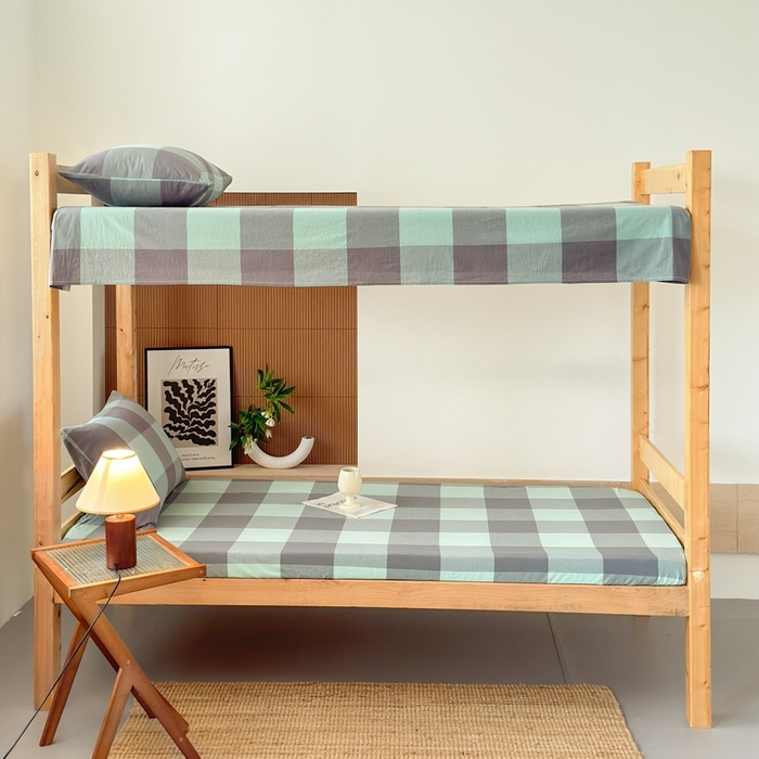 91家纺网 家纺一手货源 找家纺 北欧良品2025新款色织水洗棉学生单品床笠 纯棉-灰绿大格