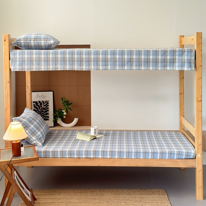 91家纺网 家纺一手货源 找家纺 北欧良品2025新款色织水洗棉学生单品床笠 纯棉-简兮蓝