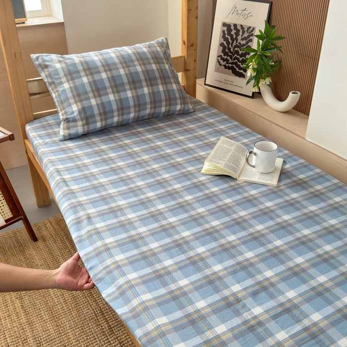 91家纺网 家纺一手货源 找家纺 北欧良品2025新款色织水洗棉学生单品床笠 纯棉-简兮蓝