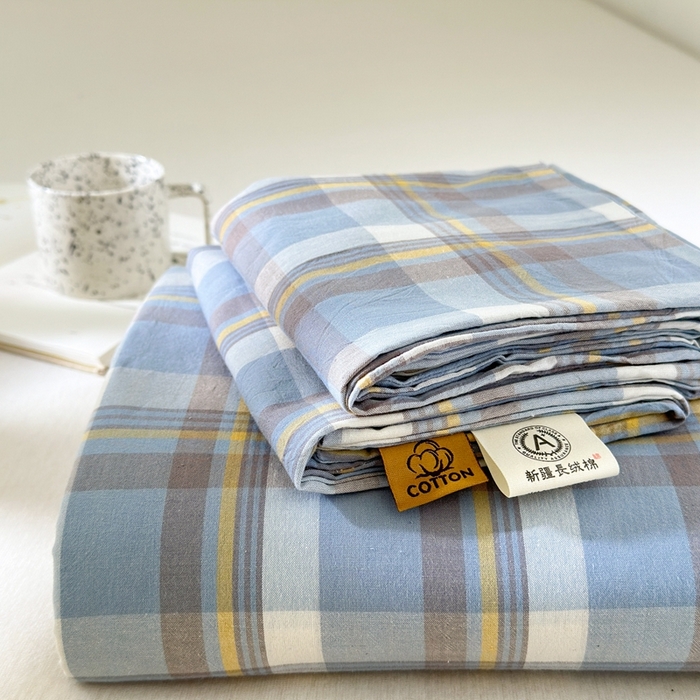 91家纺网 家纺一手货源 找家纺 北欧良品2025新款色织水洗棉学生单品床笠 纯棉-简兮蓝