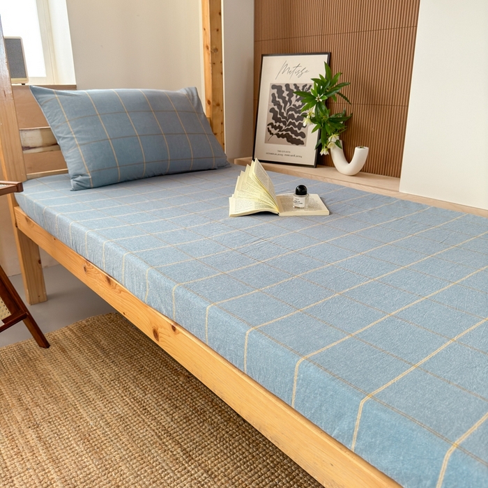 91家纺网 家纺一手货源 找家纺 北欧良品2025新款色织水洗棉学生单品床笠 纯棉-金线格蓝