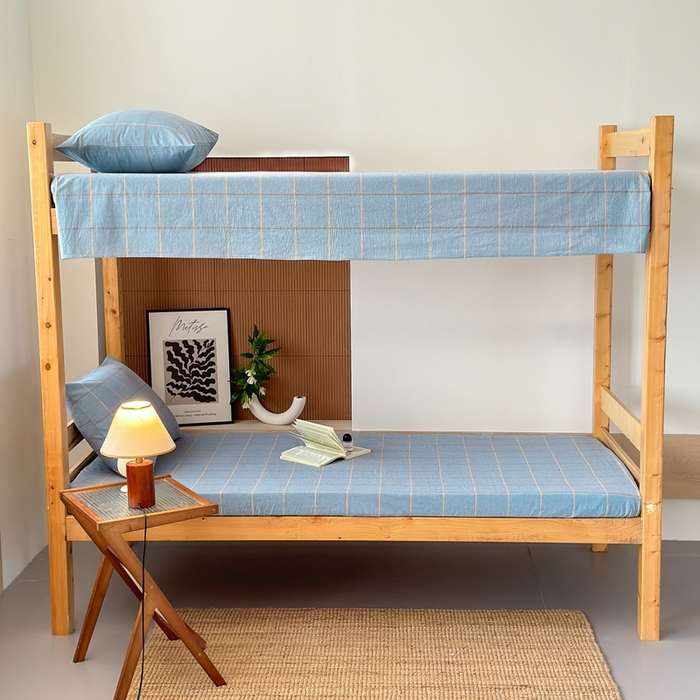 91家纺网 家纺一手货源 找家纺 北欧良品2025新款色织水洗棉学生单品床笠 纯棉-金线格蓝