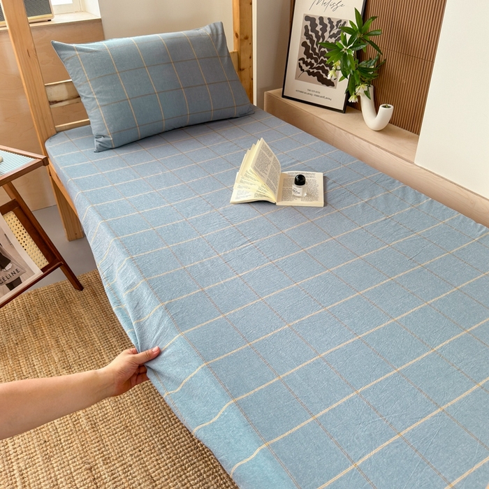 91家纺网 家纺一手货源 找家纺 北欧良品2025新款色织水洗棉学生单品床笠 纯棉-金线格蓝