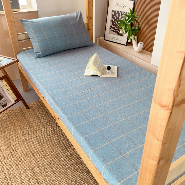 91家纺网 家纺一手货源 找家纺 北欧良品2025新款色织水洗棉学生单品床笠 纯棉-金线格蓝