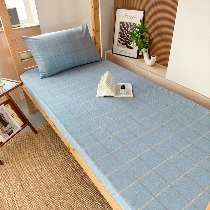 91家纺网 家纺一手货源 找家纺 北欧良品2025新款色织水洗棉学生单品床笠 纯棉-金线格蓝