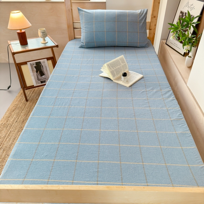 91家纺网 家纺一手货源 找家纺 北欧良品2025新款色织水洗棉学生单品床笠 纯棉-金线格蓝