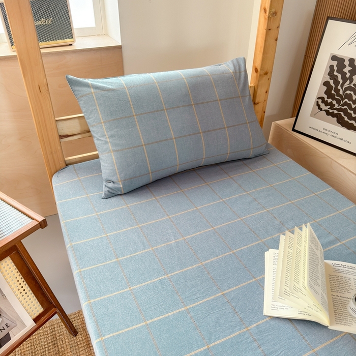 91家纺网 家纺一手货源 找家纺 北欧良品2025新款色织水洗棉学生单品床笠 纯棉-金线格蓝