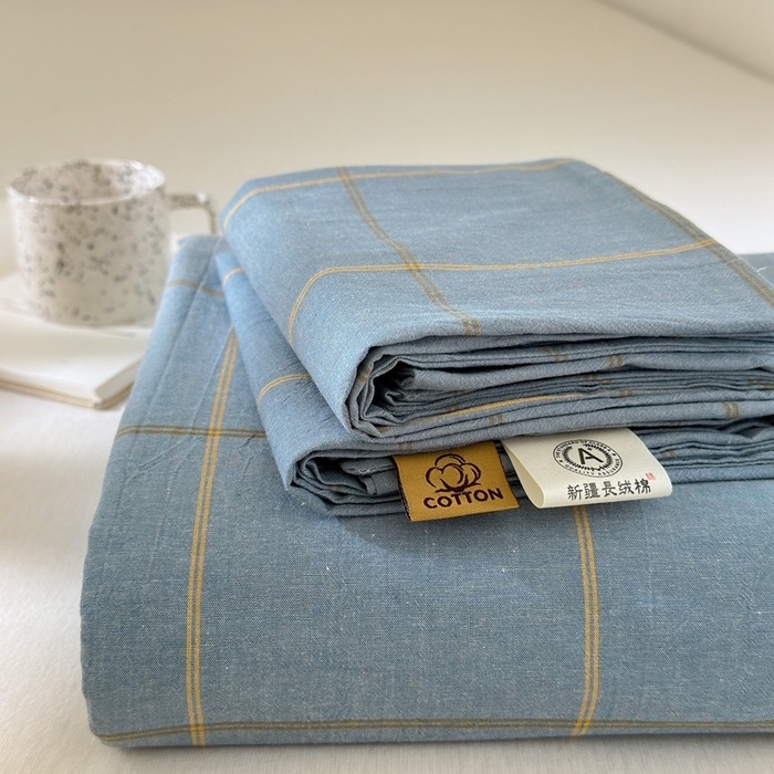 91家纺网 家纺一手货源 找家纺 北欧良品2025新款色织水洗棉学生单品床笠 纯棉-金线格蓝