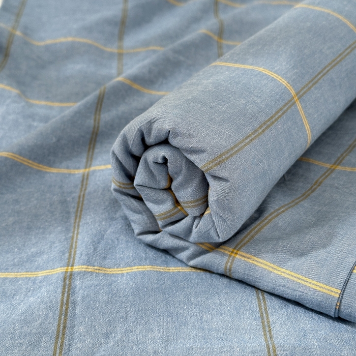 91家纺网 家纺一手货源 找家纺 北欧良品2025新款色织水洗棉学生单品床笠 纯棉-金线格蓝