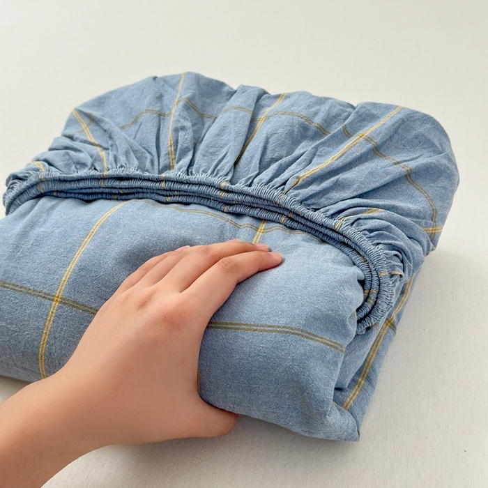 91家纺网 家纺一手货源 找家纺 北欧良品2025新款色织水洗棉学生单品床笠 纯棉-金线格蓝