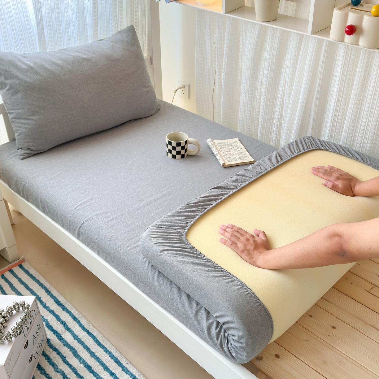 北欧良品2025新款色织水洗棉学生单品床笠 纯棉-冰川灰