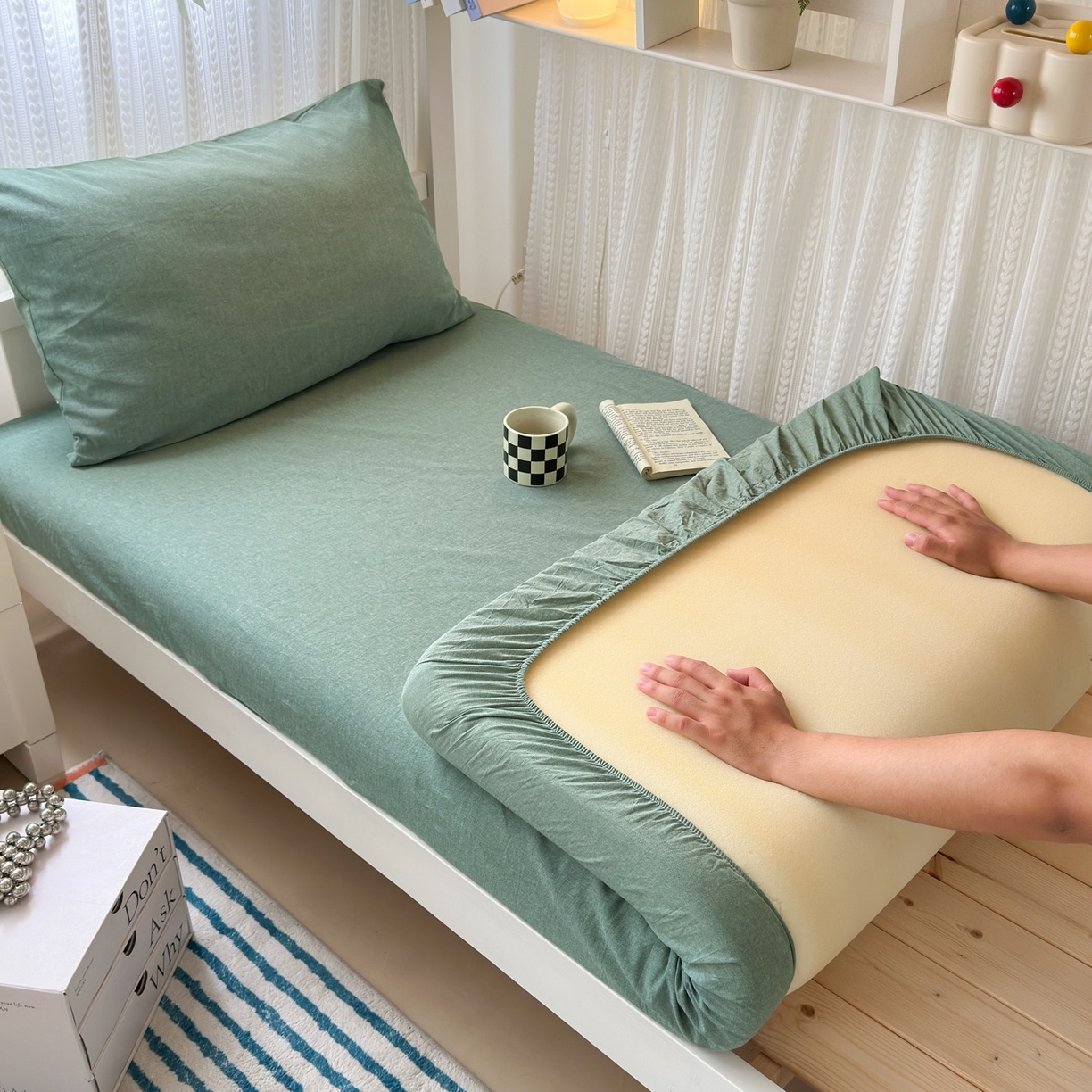 北欧良品2025新款色织水洗棉学生单品床笠 纯棉-草绿