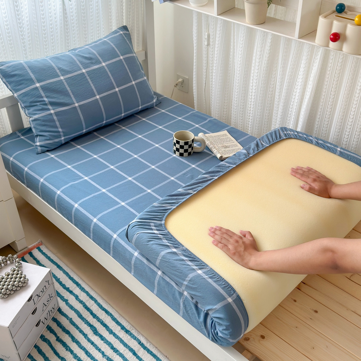 北欧良品2025新款色织水洗棉学生单品床笠 纯棉-海蓝大格