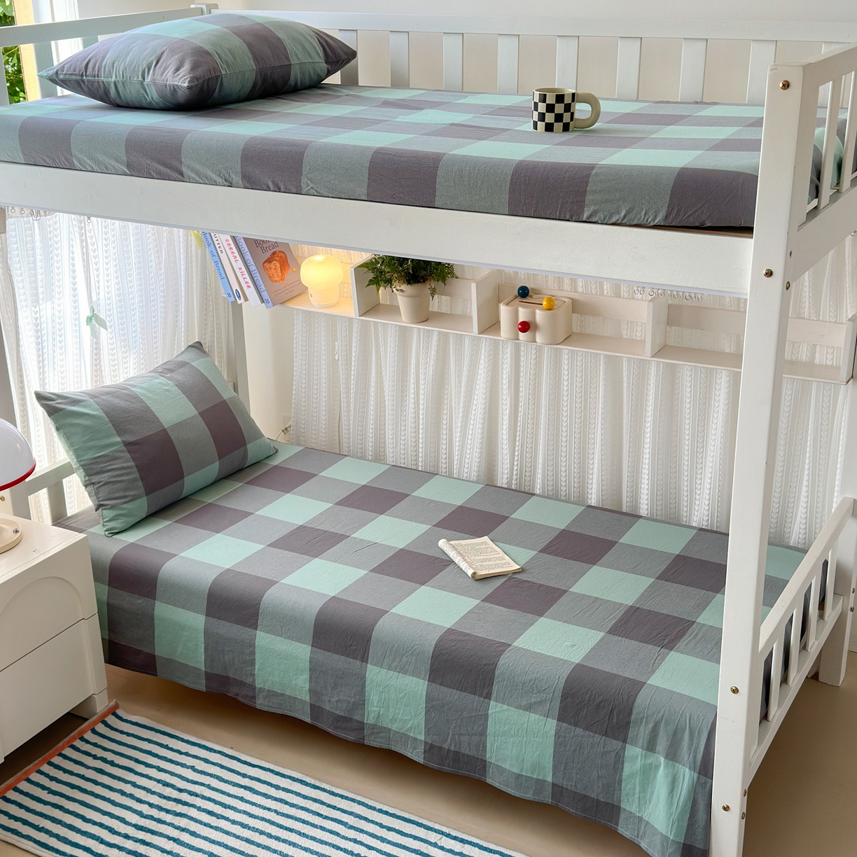 北欧良品2025新款色织水洗棉学生单品床笠 纯棉-灰绿大格