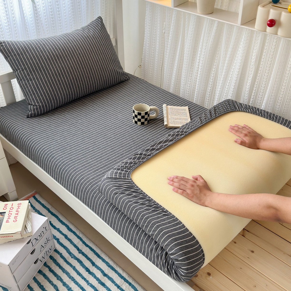 北欧良品2025新款色织水洗棉学生单品床笠 纯棉-灰细条