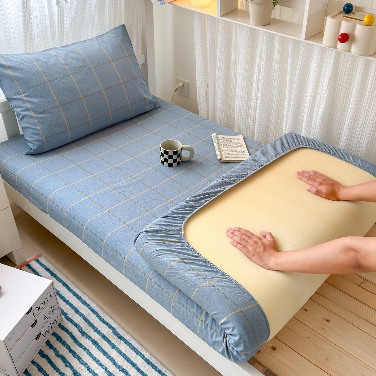 北欧良品2025新款色织水洗棉学生单品床笠 纯棉-金线格蓝