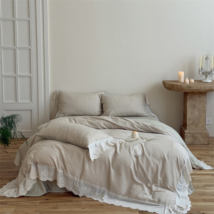 91家纺网 家纺一手货源 找家纺 （总）曼布缇 2025新款A类双层纱花边四件套--浪漫香榭（会员减20）,茶驼色,豆沙红,巧克力色