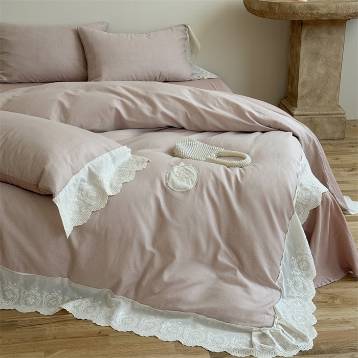 91家纺网 家纺一手货源 找家纺 曼布缇 2025新款A类双层纱花边四件套--浪漫香榭 豆沙红