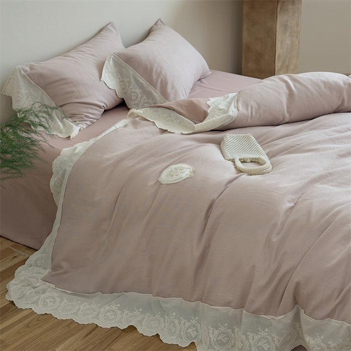 91家纺网 家纺一手货源 找家纺 曼布缇 2025新款A类双层纱花边四件套--浪漫香榭 豆沙红