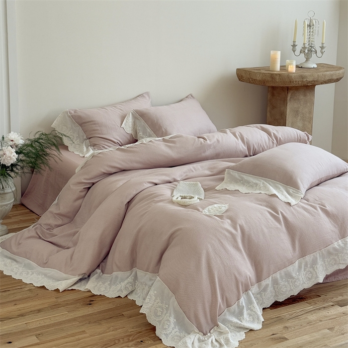 91家纺网 家纺一手货源 找家纺 曼布缇 2025新款A类双层纱花边四件套--浪漫香榭 豆沙红