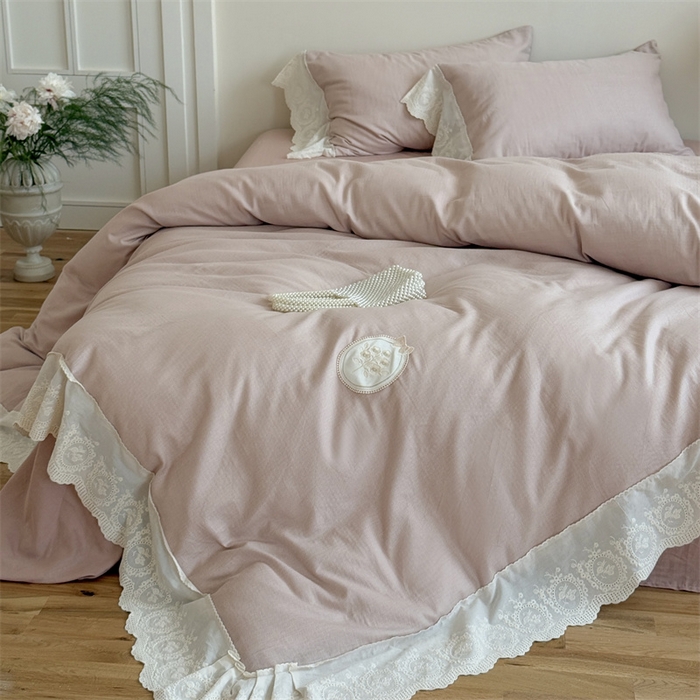 91家纺网 家纺一手货源 找家纺 曼布缇 2025新款A类双层纱花边四件套--浪漫香榭 豆沙红