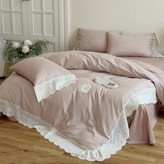 91家纺网 家纺一手货源 找家纺 曼布缇 2025新款A类双层纱花边四件套--浪漫香榭 豆沙红