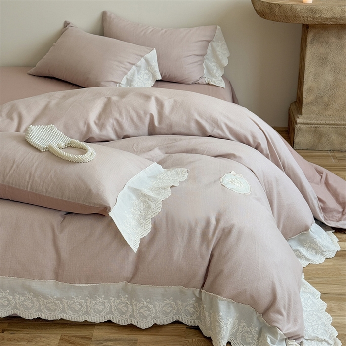 91家纺网 家纺一手货源 找家纺 曼布缇 2025新款A类双层纱花边四件套--浪漫香榭 豆沙红