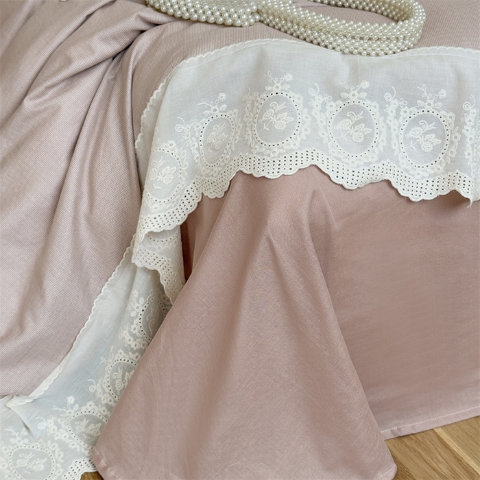 91家纺网 家纺一手货源 找家纺 曼布缇 2025新款A类双层纱花边四件套--浪漫香榭 豆沙红