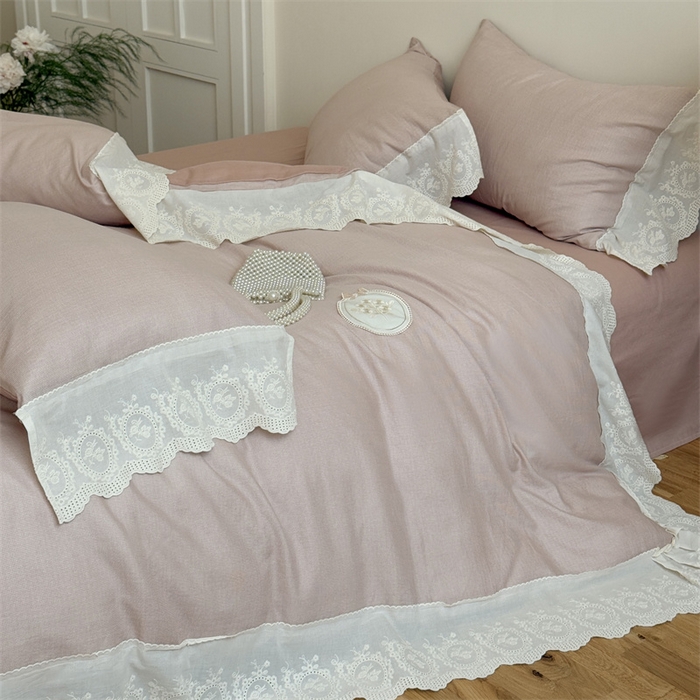 91家纺网 家纺一手货源 找家纺 曼布缇 2025新款A类双层纱花边四件套--浪漫香榭 豆沙红