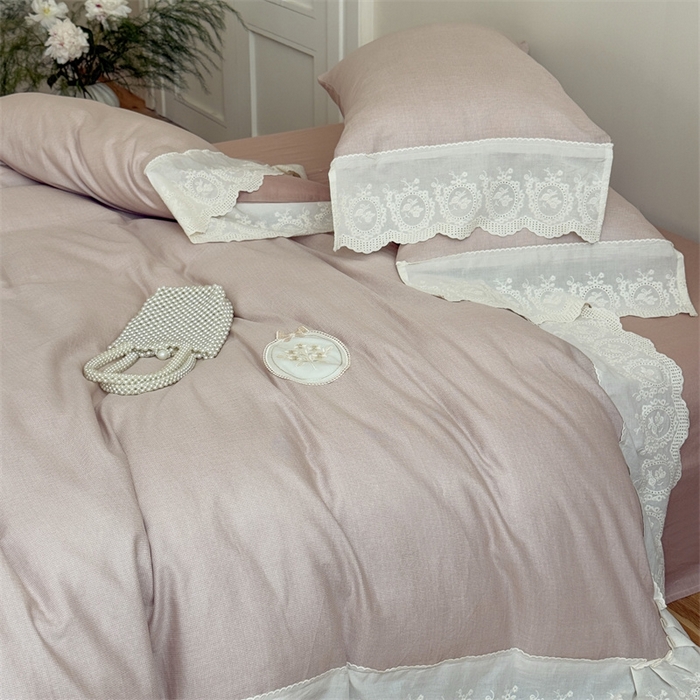 91家纺网 家纺一手货源 找家纺 曼布缇 2025新款A类双层纱花边四件套--浪漫香榭 豆沙红