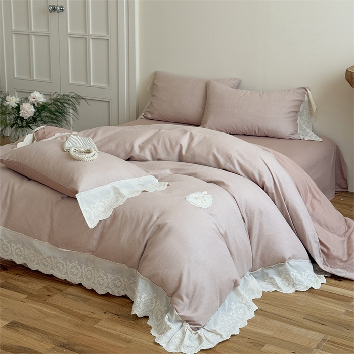 91家纺网 家纺一手货源 找家纺 曼布缇 2025新款A类双层纱花边四件套--浪漫香榭 豆沙红