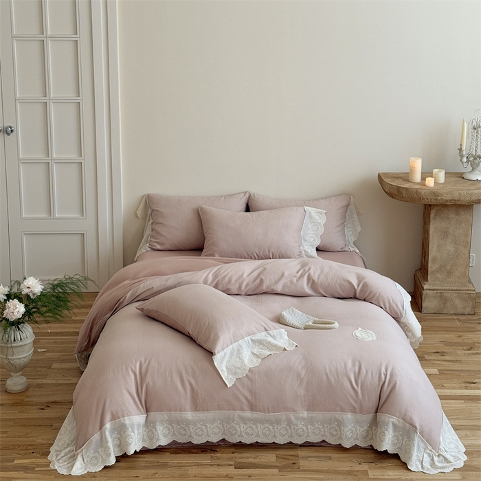 91家纺网 家纺一手货源 找家纺 曼布缇 2025新款A类双层纱花边四件套--浪漫香榭 豆沙红