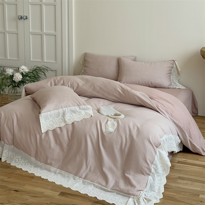 91家纺网 家纺一手货源 找家纺 曼布缇 2025新款A类双层纱花边四件套--浪漫香榭 豆沙红