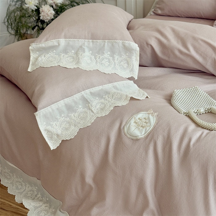 91家纺网 家纺一手货源 找家纺 曼布缇 2025新款A类双层纱花边四件套--浪漫香榭 豆沙红