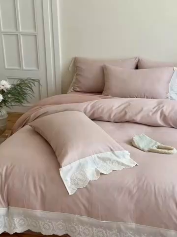 91家纺网 家纺一手货源 找家纺 曼布缇 2025新款A类双层纱花边四件套--浪漫香榭 豆沙红