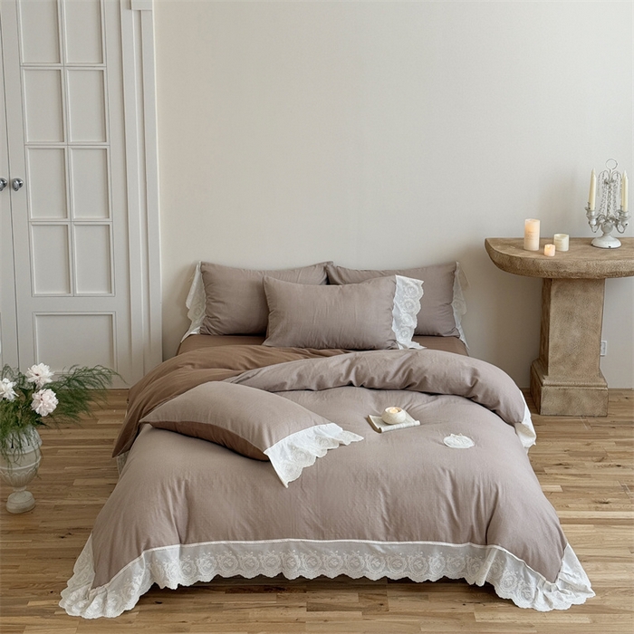 91家纺网 家纺一手货源 找家纺 曼布缇 2025新款A类双层纱花边四件套--浪漫香榭 巧克力色