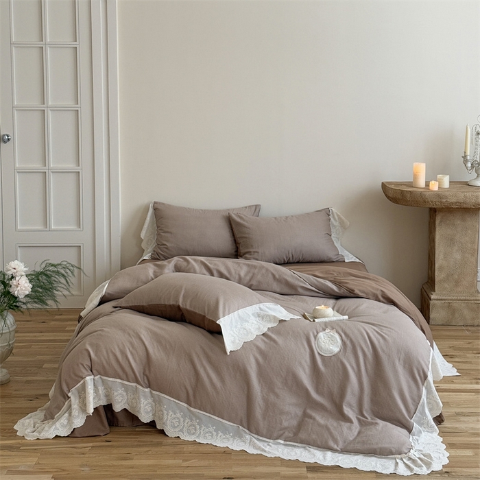 曼布缇 2025新款A类双层纱花边四件套--浪漫香榭 巧克力色